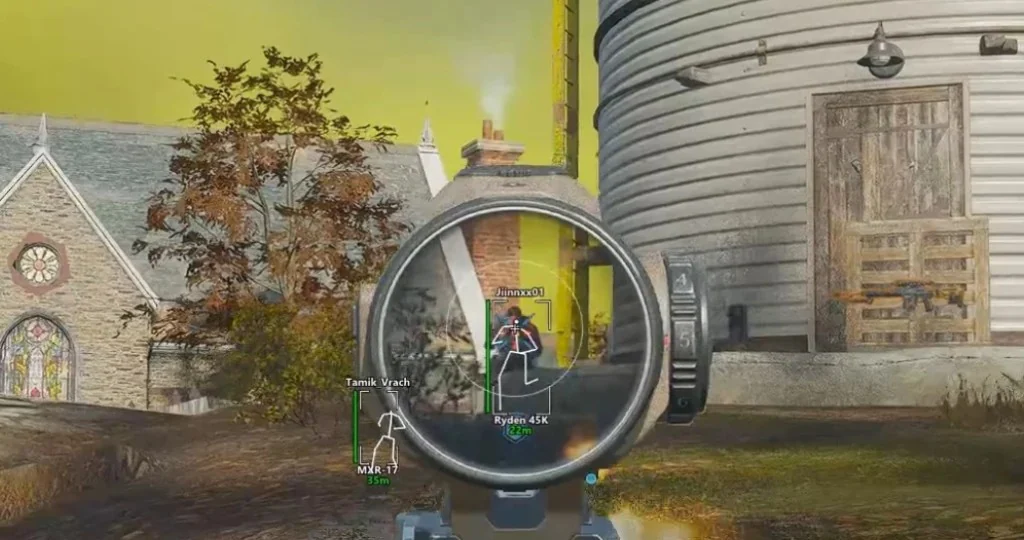 Warzone wallhack skeleton ESP overlay on a distant squad